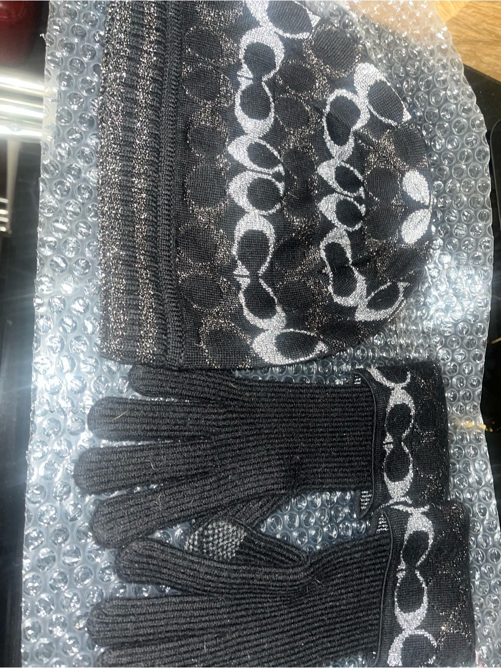 Coach Black Knit Hat and Glove Set with Silver Signature Jacquard